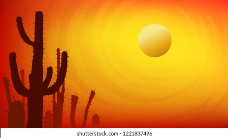 Sunset with Saguaro Cactus. Summer Vector background in 16:9 aspect ratio