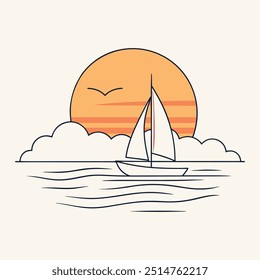 Sunset with Sailboat at Sea for the T-shirt design