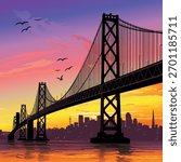 Sunset at san francisco bay bridge vector illustration