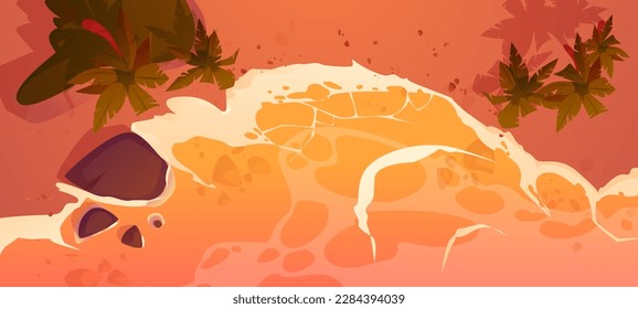 Sunset sand beach top view vector background. Island in sea water summer cartoon travel illustration. Orange ocean shore tropical landscape journey banner template. Hawaii resort coastline leaflet.