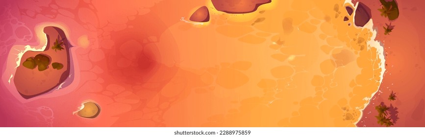 Sunset sand beach top view vector background. Island in sea water summer cartoon travel illustration. Orange ocean shore tropical landscape journey banner template. Hawaii resort coastline leaflet.