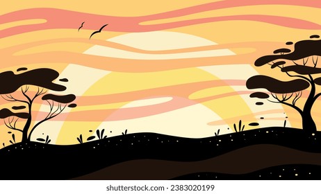 sunset in the savanna, africa landscape, wildlife world, illustration of a sunset, sunset with tree, evening landscape with the sun setting behind the horizon, savanna