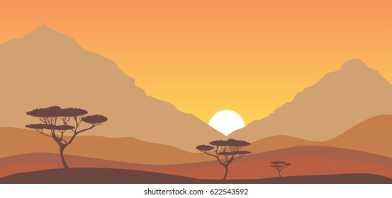 Sunset in the savanna, orange sky, hills and acacia trees
vector desert landscape, nature illustration