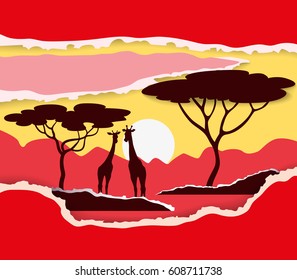 Sunset in Savannah.
Color paper design. Savannah landscape background. Vector illustration.