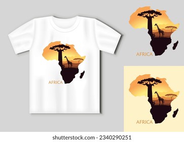 Sunset in the Savannah. The landscape in the form of a map of Africa. Travel concept with t-shirt mockup