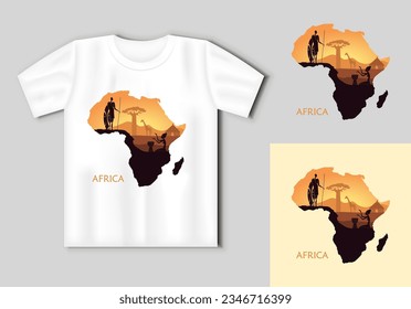 Sunset in the Savannah. The landscape in the form of a map of Africa with tribal people. Travel concept with t-shirt mockup