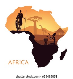 Sunset in the Savannah. The landscape in the form of a map of Africa