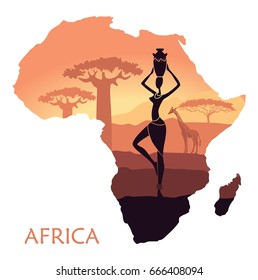 Sunset in the Savannah. The landscape with a woman in the form of a map of Africa