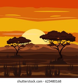 Sunset, savannah, prairies, Africa, contrast, landscape, cartoon style, vector illustration