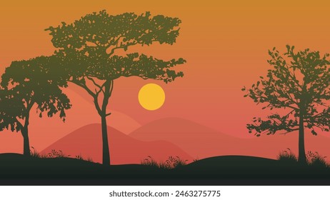 Sunset in Savannah, vector landscape. African tree silhouette