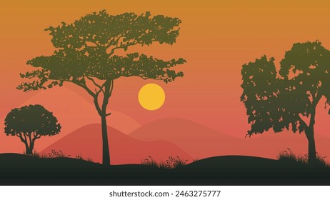 Sunset in Savannah, vector landscape. African tree silhouette