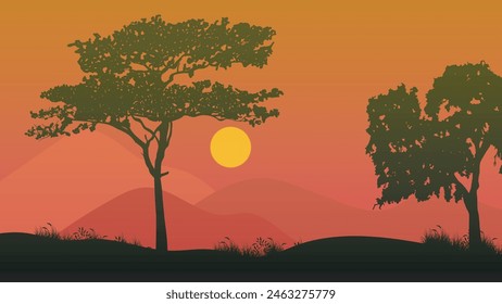 Sunset in Savannah, vector landscape. African tree silhouette