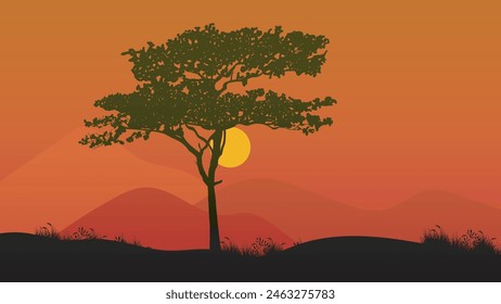 Sunset in Savannah, vector landscape. African tree silhouette