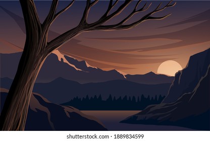 Escena del atardecer con un gran árbol en la orilla del río. Hermosa puesta de sol con colinas, ríos y árboles
