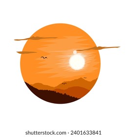 sunset scene with birds in the evening, circle silhouette style