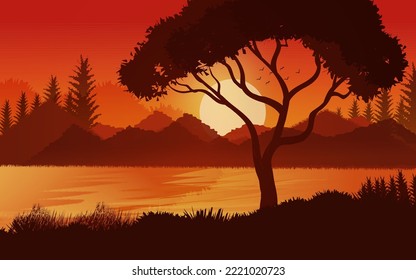 Sunset scene in the forest. Glowing forest sky with river landscape background Illustration