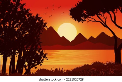 Sunset scene in the forest. Glowing forest sky with river landscape background Illustration