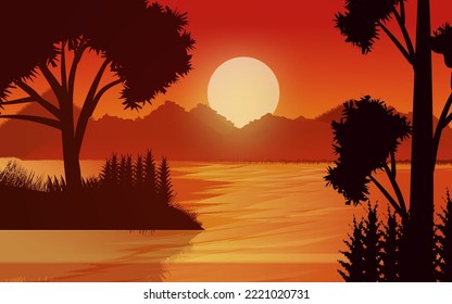 Escena de atardecer en el bosque. El cielo del bosque brillante con el fondo del paisaje del río Ilustración