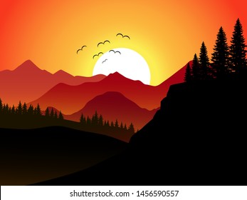 sunset scene with in mountain with flying birds