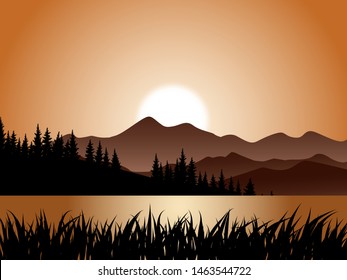 sunset scene at river with mountain