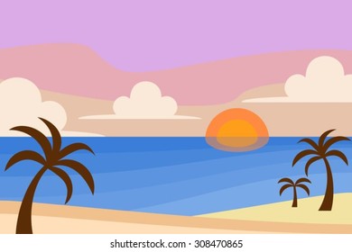Sunset scenery of beach in flat style