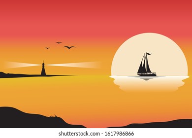 SUNSET scenery with beacon and sail