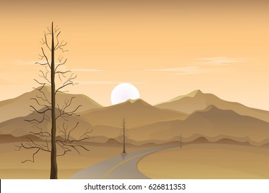 Sunset Scenery of  Desert Mountains Vector Illustration.