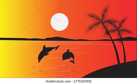 Sunset scenery with dolphin vector illustration