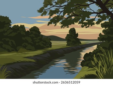 Sunset scenery illustration with river and trees