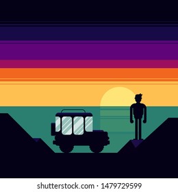 Sunset scenery with a man stand on the top of mountain and sea background, vector illustration