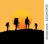 Sunset Scenery with mountain hiker team
