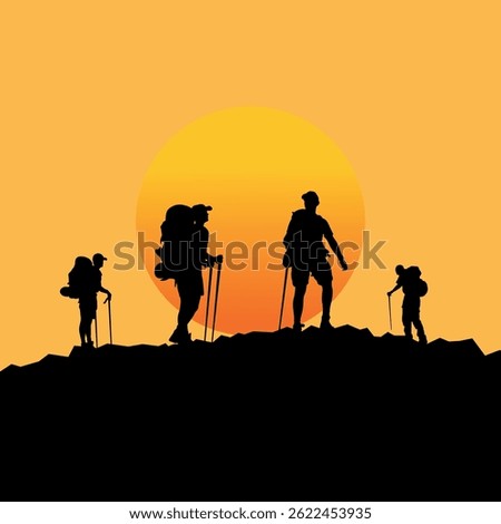 Sunset Scenery with mountain hiker team