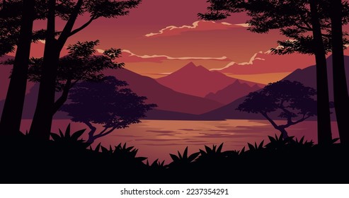 Sunset scenery with mountain and lake viewed from the dark forest. Vector landscape illustration