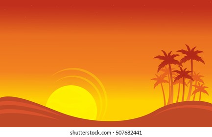 At sunset scenery on seaside with palm silhouettes