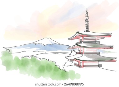 
Sunset scenery overlooking Mount Fuji and Five-storied pagoda painted with a single stroke and watercolors. Yamanashi, Japan