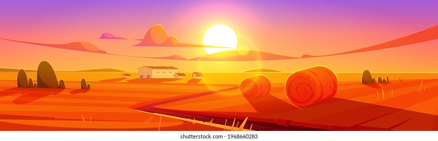 Sunset scenery rural landscape, field with hay stacks and farm buildings under colorful cloudy sky. Summer time or fall nature background countryside farmland tranquil view Cartoon vector illustration