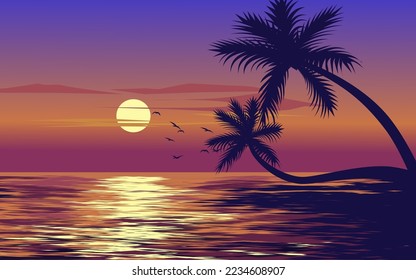 Paisaje al atardecer con vistas al mar y palmeras. Ilustración de paisaje de vectores