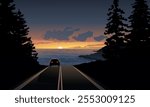 Sunset scenery with view of sea and a car on the road