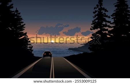 Sunset scenery with view of sea and a car on the road