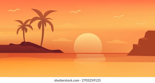 Sunset, sea beach and sun, ocean sunrise, palms