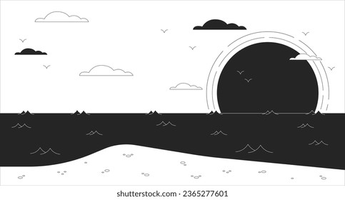 Sunset in the sea black and white chill lo fi background. Bay. Paradise. Island outline 2D vector cartoon landscape illustration, monochromatic lofi wallpaper desktop. Bw 90s retro art