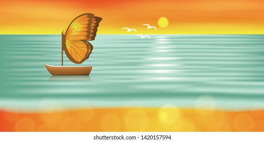 sunset, sea and boat driven butterfly