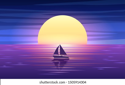 Sunset sea and boat. Orange sun, blue clouds, purple ocean and yacht on horizon vector illustration, mariner sailing design image