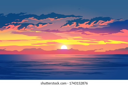 Sunset in the sea with clouds