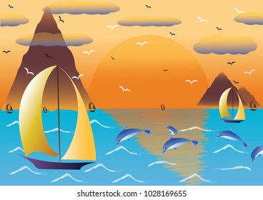 Sunset at the sea with dolphins, sailboats and flying birds. Around the mountain, yachts. The enchanting sunset delighted anyone who would rest here.