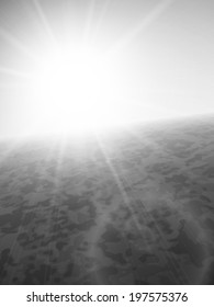 Sunset at sea, horizon with summer sun, ocean and clear sky, black and white vector background illustration
