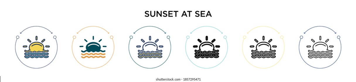 Icono de atardecer en el mar en el estilo relleno, delgado, contorno y trazo. Ilustración vectorial de dos atardeceres de color y negro en el mar los diseños de iconos vectores se pueden utilizar para móviles, ui, web