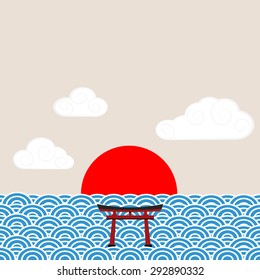 sunset in the sea in Japanese style with shrine gate