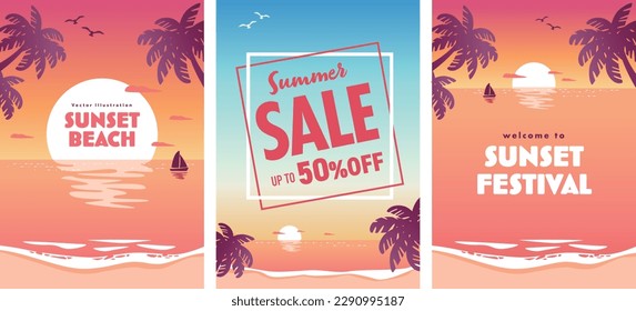 Sunset sea landscape banner set