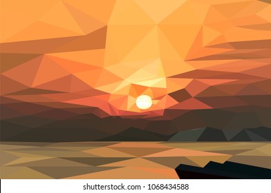 sunset sea landscape polygon, sunrise and refection with gold sky background, nature concept, low poly effect, vector art and illustration.